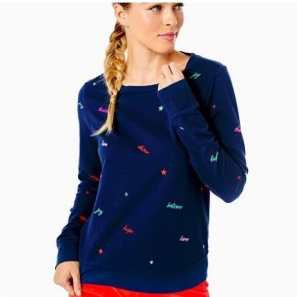 Lily Pulitzer Rami Long Sleeve Low Tide Navy Good Vibes Sweatshirt XL - Picture 1 of 6